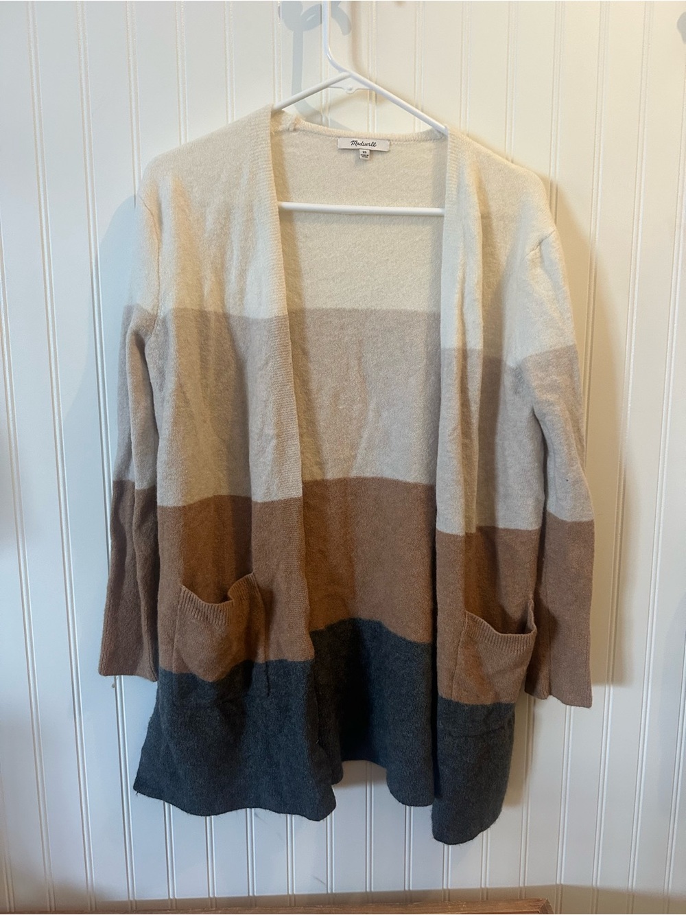 Madewell Striped Open Cardigan in Cream, Tan & Gray